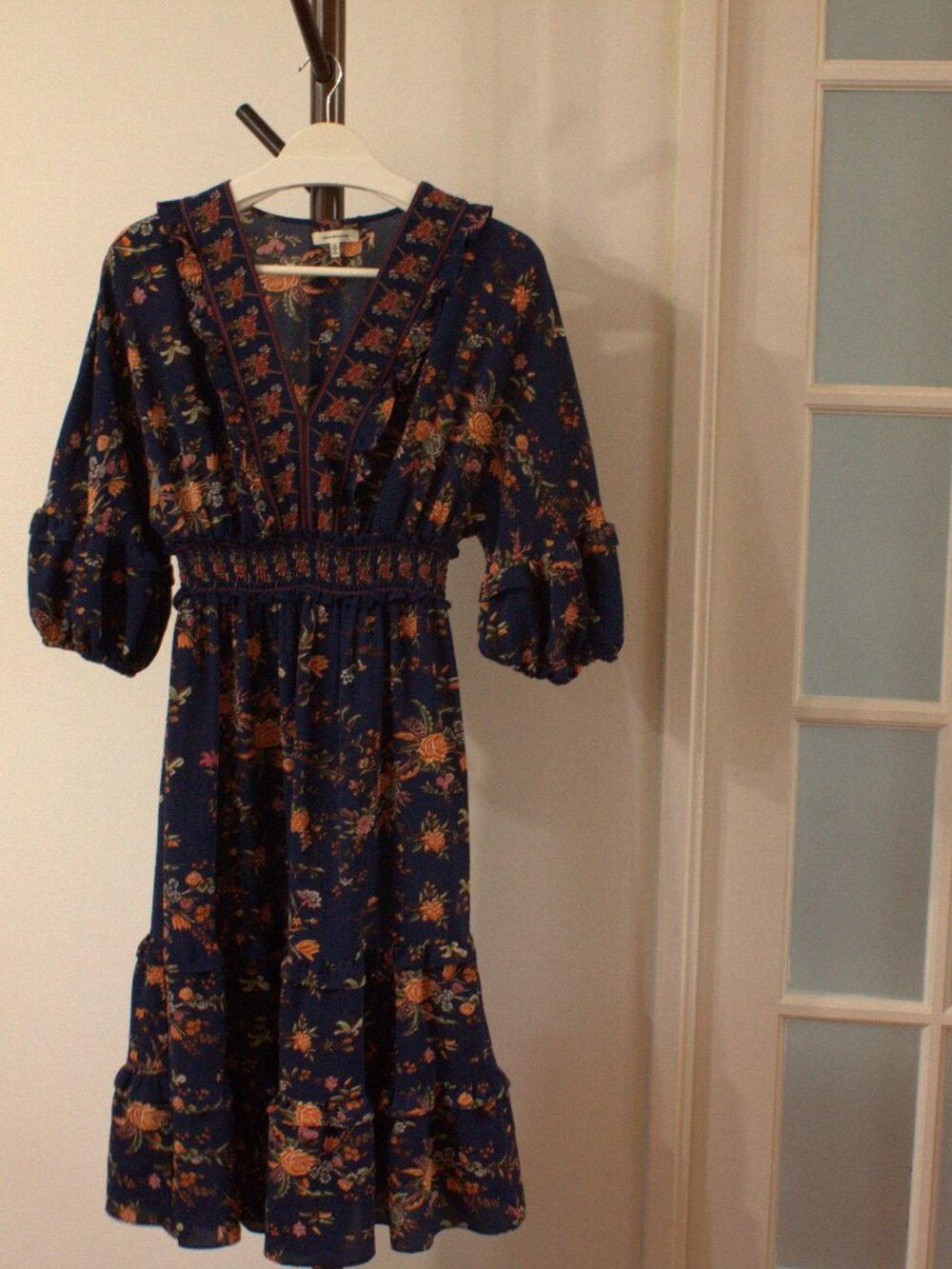 Max Studio Blue Floral Boho Ruffle V-neck MIdi Dress